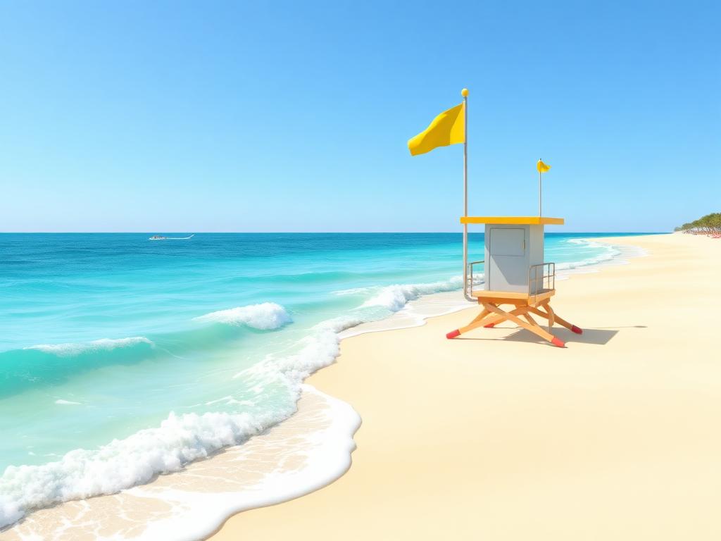 Playa con bandera, puesto de socorrismo, bañistas y elementos de prevención